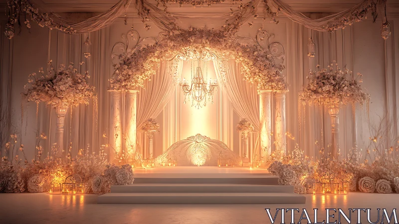 Golden candlelit aisle beneath a dreamy floral archway.
