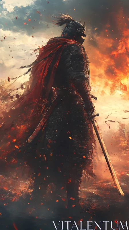 Armored warrior with swords in burning battlefield landscape.