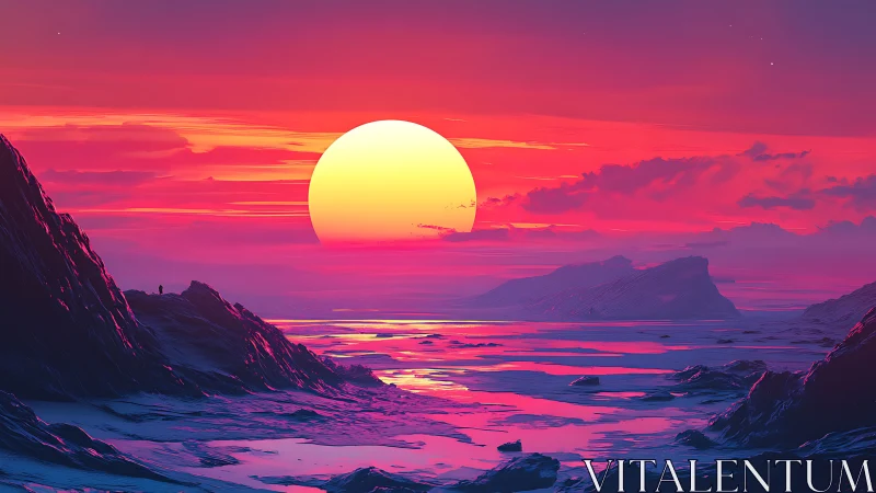 Vivid alien sunset over icy mountains and sea.