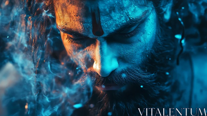 Portrait shows painted man in blue and orange dramatic lighting