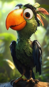 Cheerful cartoon toucan stands in sunlit jungle clearing