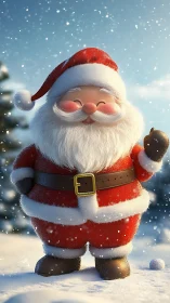Smiling cartoon Santa Claus standing in snowy winter scene.