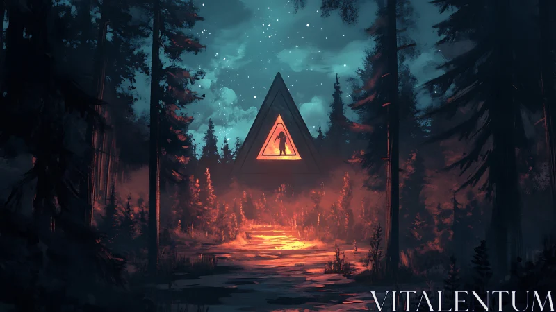 Forest scene with triangular portal structure and luminescent sky phenomenon.