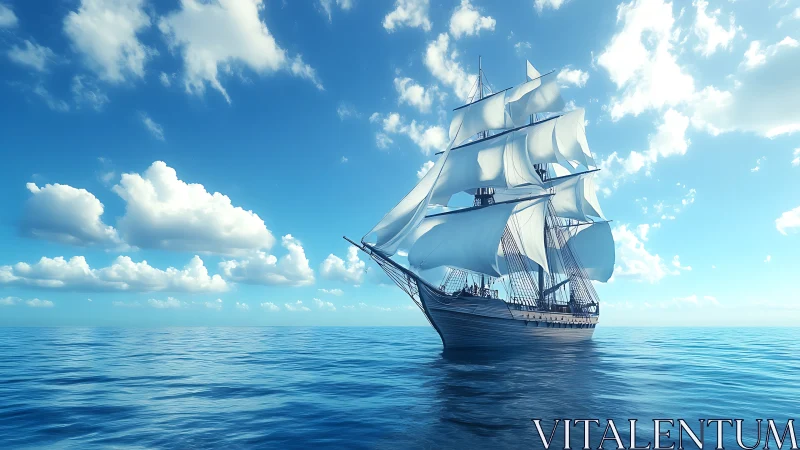 Sunlit tall ship gliding through a glass-blue open sea.