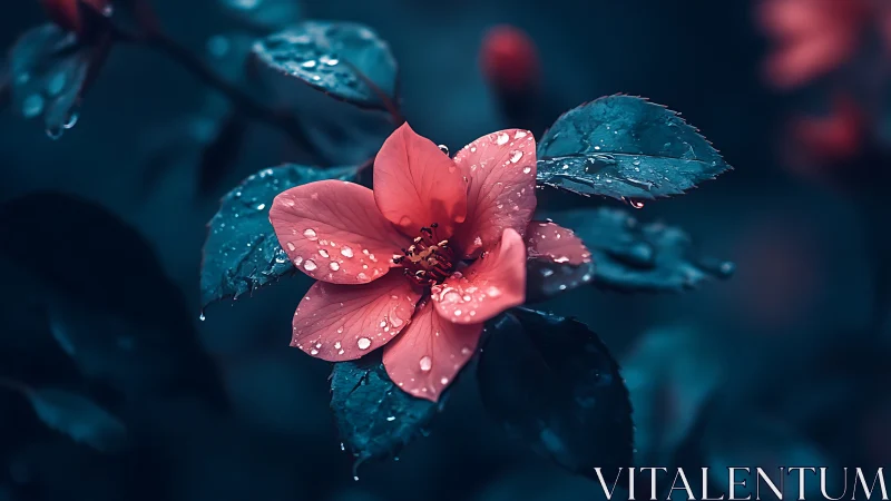Coral Bloom Glistening with Morning Dew.