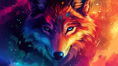 Neon wolf portrait merges cool blues with blazing orange fire.