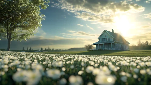 Sunlit country home resting in a peaceful flower meadow.