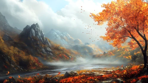 Autumn river whispers beneath silver mountains and drifting mist