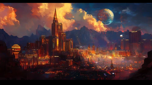 Futuristic neon metropolis burns under colossal rising planet