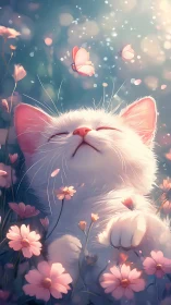 White Cat Among Flowering Plants and Butterflies