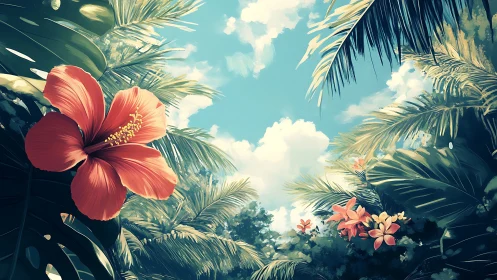 Tropical hibiscus foreground framed by stylized palm canopy