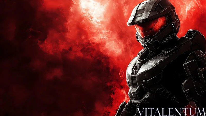 Armored sci fi soldier against intense red smoke backdrop.