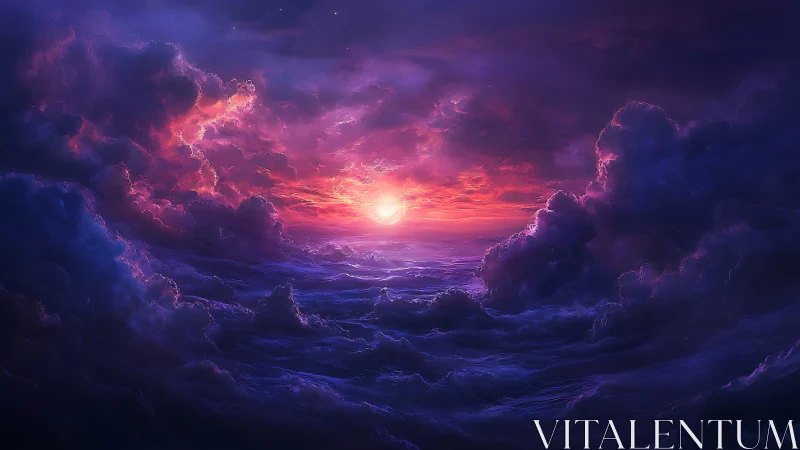 Radiant cosmic sunrise glows between stormy violet clouds