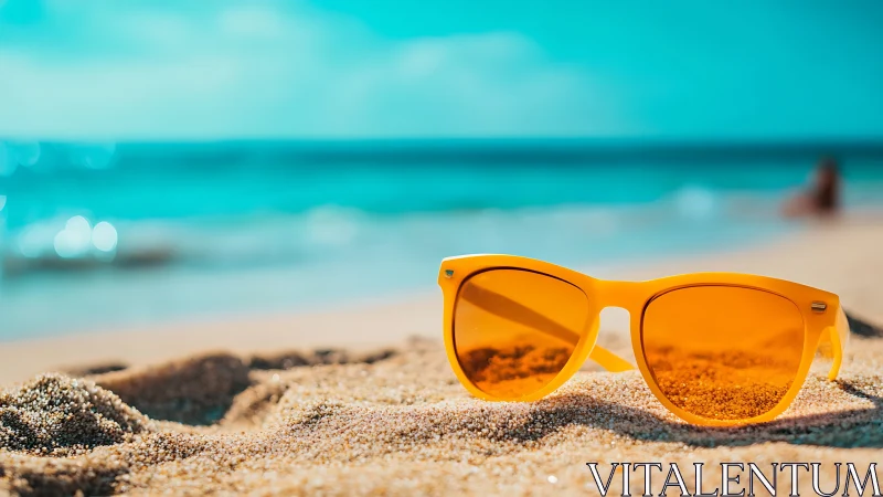 Yellow sunglasses lie on sunny sand beside turquoise sea