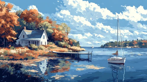 Lakeside house and sailboat in calm daytime landscape scene.
