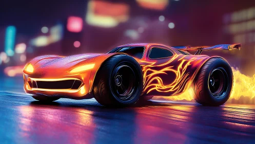 Flame-patterned concept car is rendered on wet neon street