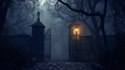 Foggy stone gate and lampposts in a dark moonlit forest.
