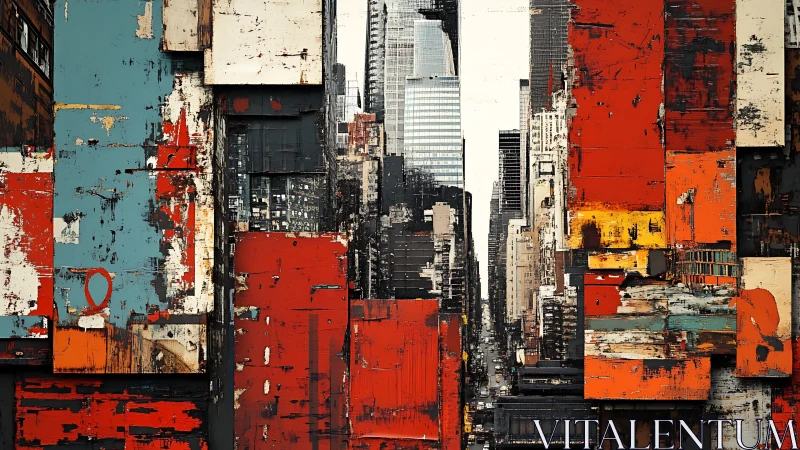 Abstract city canyon merges gritty texture with neon calm