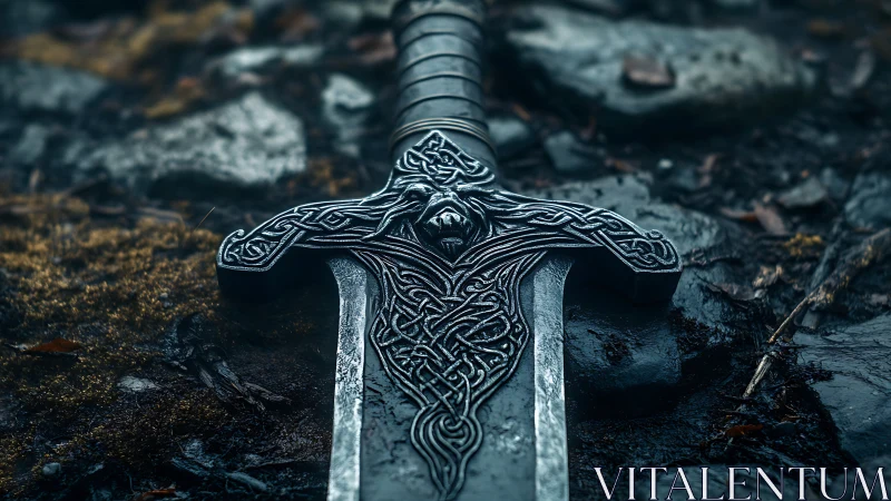 Ornate medieval sword with animal motif on wet ground.