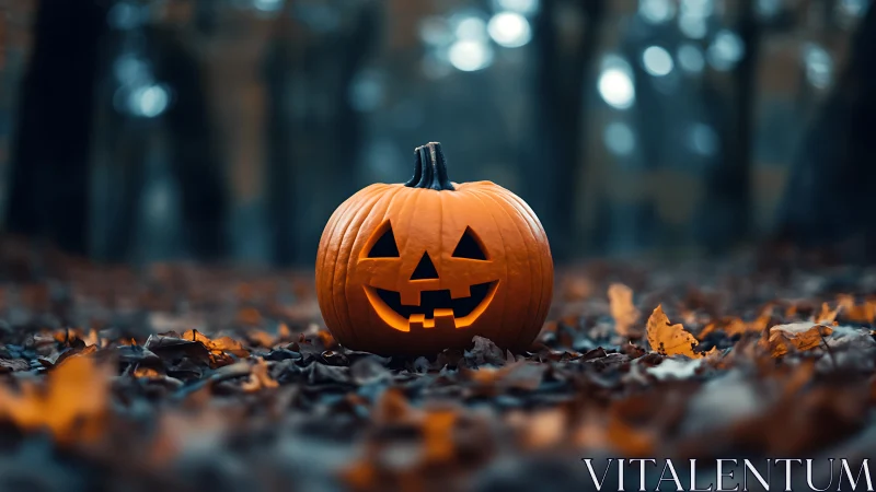 Glowing jack o’ lantern smiles warmly in a misty autumn forest