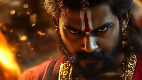 Warrior close-up with sacred mark in fiery dramatic light.