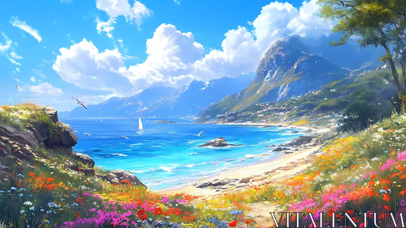 Alpine Coastal Paradise: Digital Landscape with Flowering Foreground.