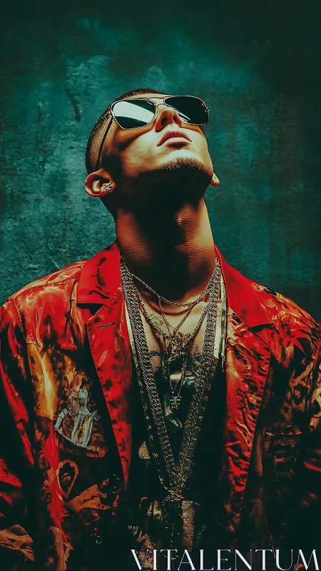 Neon streetwear icon stands under cinematic teal light.