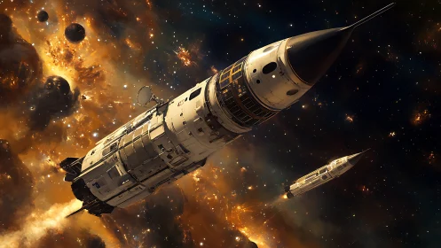 Massive starship crosses explosive deep space battlefield.