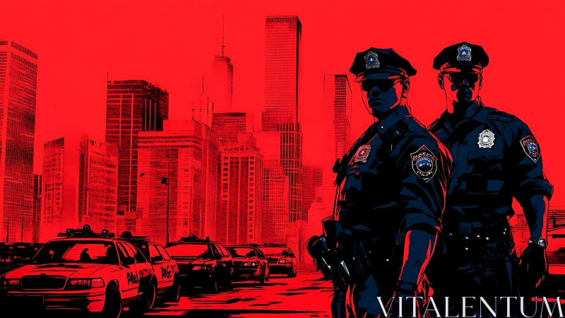 High contrast police figures dominate monochrome red cityscape