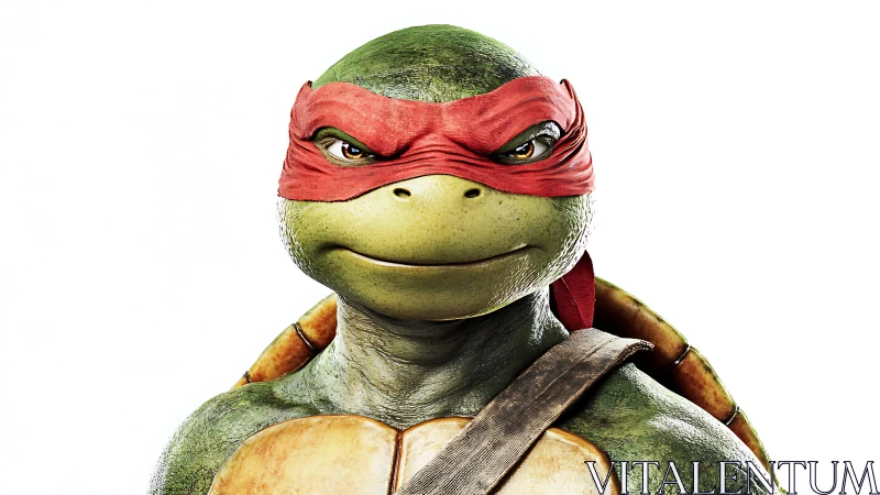 Anthropomorphic turtle figure with red mask on white background.