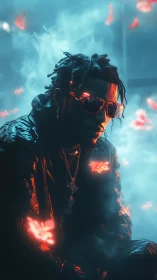 Neon-lit dreamer surrounded by glowing cyber butterflies.