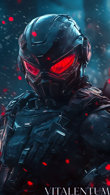 Cybernetic combat exosuit with glowing red visor dominates frame