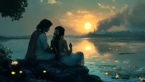 Romantic couple by tranquil lake at glowing sunset sky.