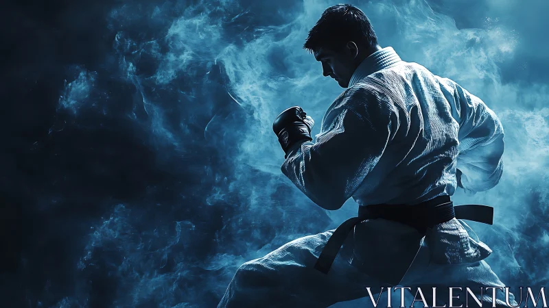 Martial artist in smoke-filled low key blue studio lighting.