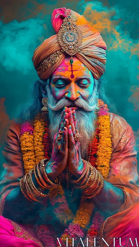 Radiant holy man rests in vibrant colors and peaceful prayer