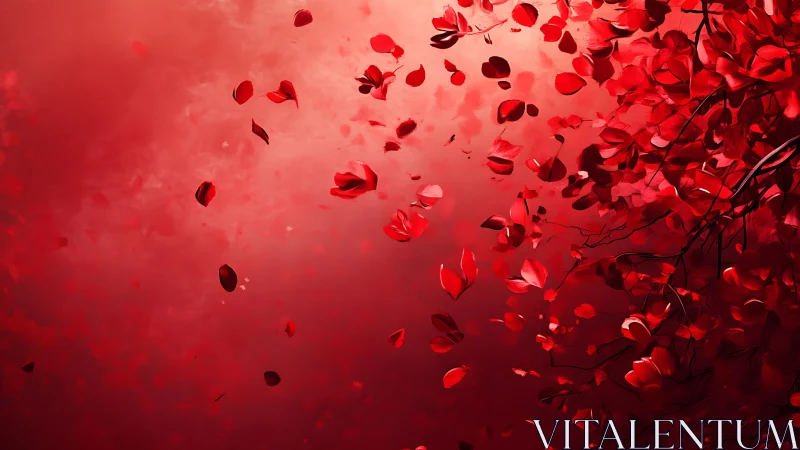Cascading red petals create dynamic motion against luminous gradient background.