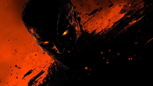 Shadowed figure emerging from swirling molten darkness.