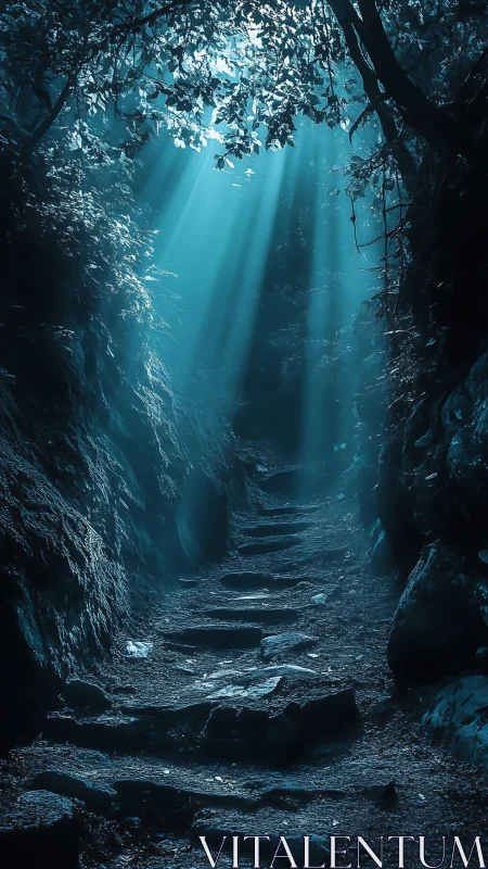 Mystical stone path under ethereal blue forest light beams.