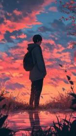 Solitary teen reflects beneath blazing sunset sky by water.