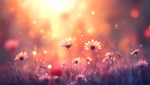 Bokeh Floral Field: Luminous Daisy Composition at Golden Hour.
