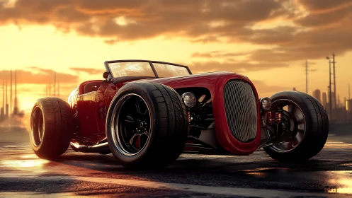 Sunset street rod rendered with cinematic realism and gloss.