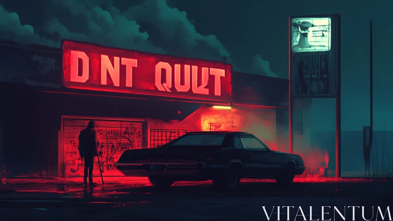 Neon noir gas station scene isolates lone figure and sedan