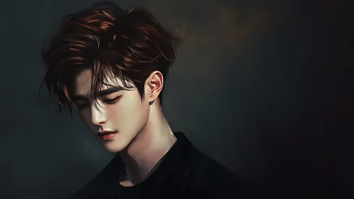 Digital portrait of young man in side profile on dark field.