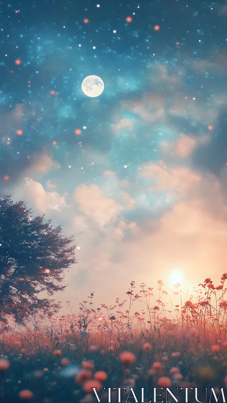 Dual moonlit and sunlit meadow unifying sky and wildflowers