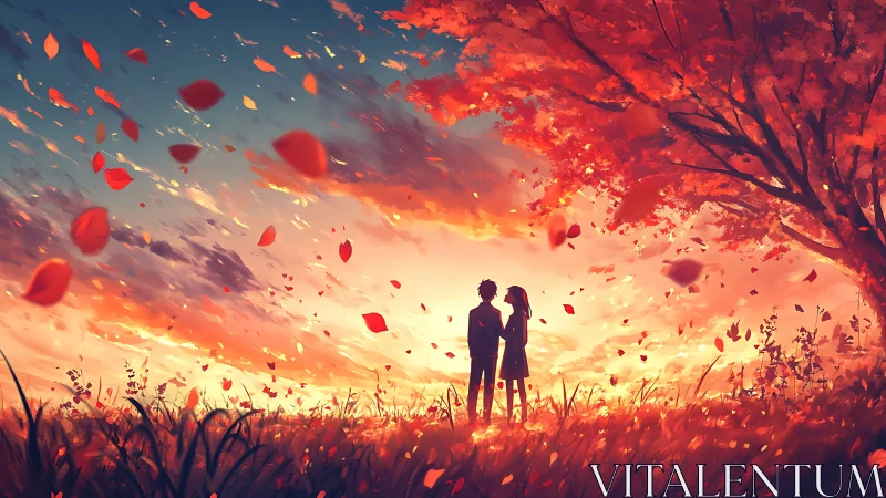 Couple Standing Under Autumn Tree in Golden Sunset