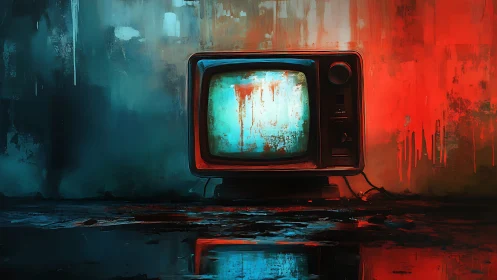 Retro CRT television glows in cyan and red abstract haze.