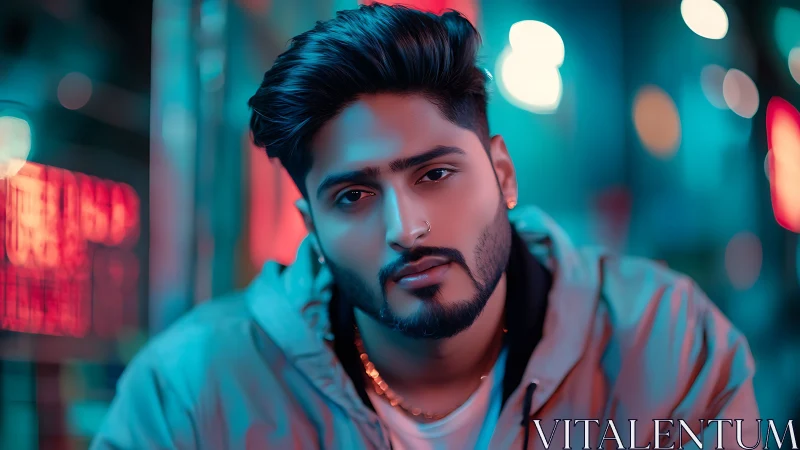 Neon soulful gaze under electric midnight city lights.