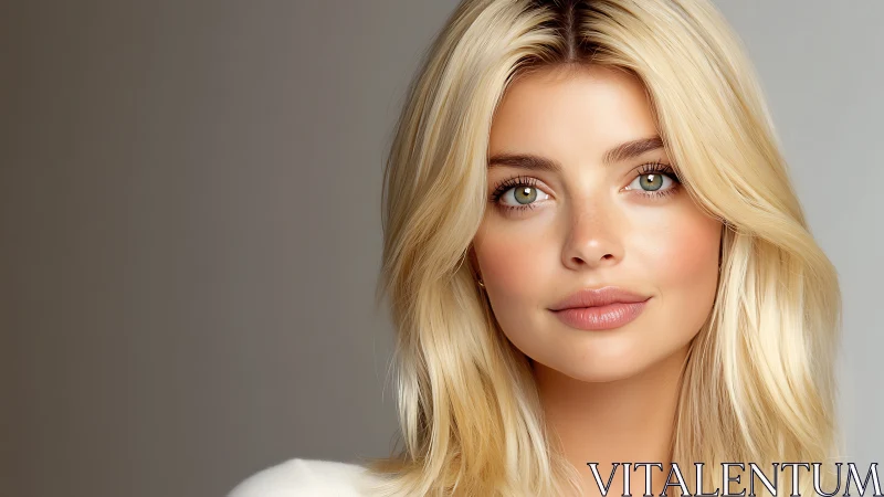 Soft light portrait of calm blonde woman with gentle gaze.