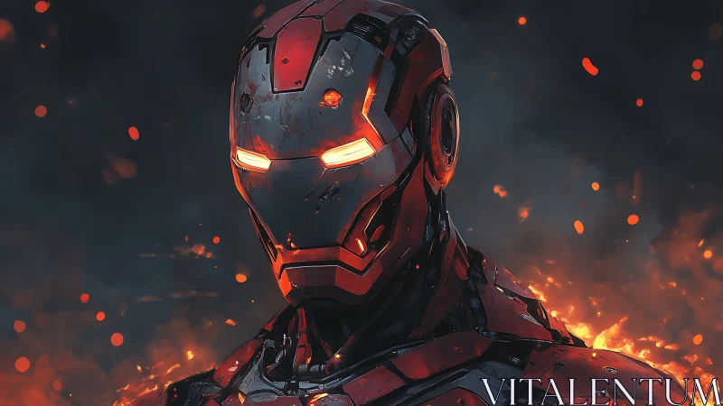 Battle worn red sci fi armored robot in fiery embers.