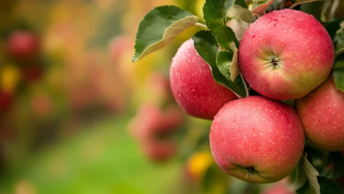 Sun-kissed orchard apples shimmering with morning dew.